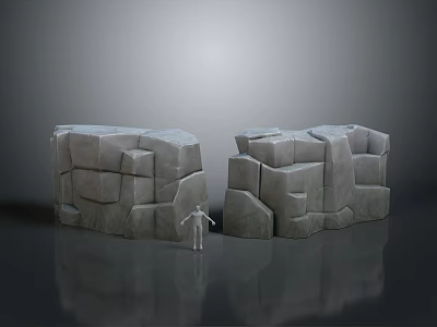 Gray Stone Structured Stools With Irregular Square Design On Smooth Black Floor And Reflective Surface 3d model
