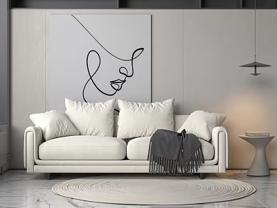 White Two-Seater Sofa with Cushions Gray Throw Blanket Line Art Painting and Round Rug 3d model
