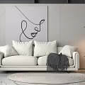 White Two-Seater Sofa with Cushions Gray Throw Blanket Line Art Painting and Round Rug