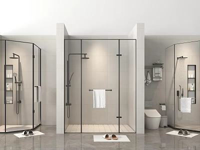 Various Wall Mounted Shower Head Designs With Glass Enclosure And Tile Walls In Modern Bathroom 3d model