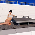 Outdoor Chairs On Beach With People Sitting Under Blue Sky And Railing Wall