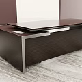 Modern Office Desk Design With Dark Brown Storage Cabinets Glass Doors And Circular Accents
