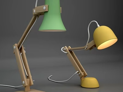 Green and Yellow Desk Lamps With Wooden Arms Illuminated Yellow Shade on Gray Background 3d model