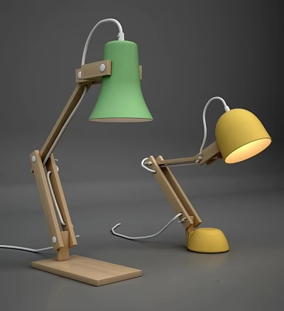 Green and Yellow Desk Lamps With Wooden Arms Illuminated Yellow Shade on Gray Background 3d model