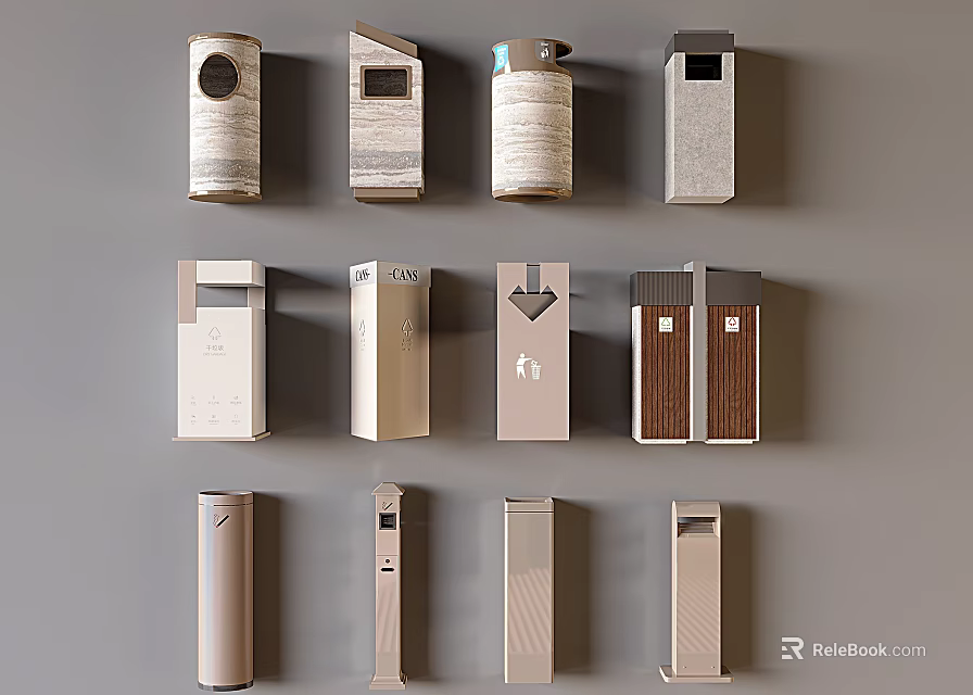 Public Facility Trash Bins With Different Designs And Various Materials 3d model