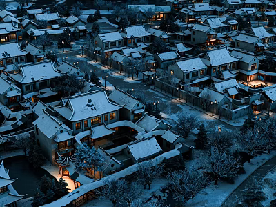 Scenic View of Traditional Village With Snow Covered Roofs Lit At Night And Snowy Trees 3d model
