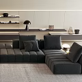 Gray Sectional Sofa Living Room Interior With Coffee Table Rug And Shelves
