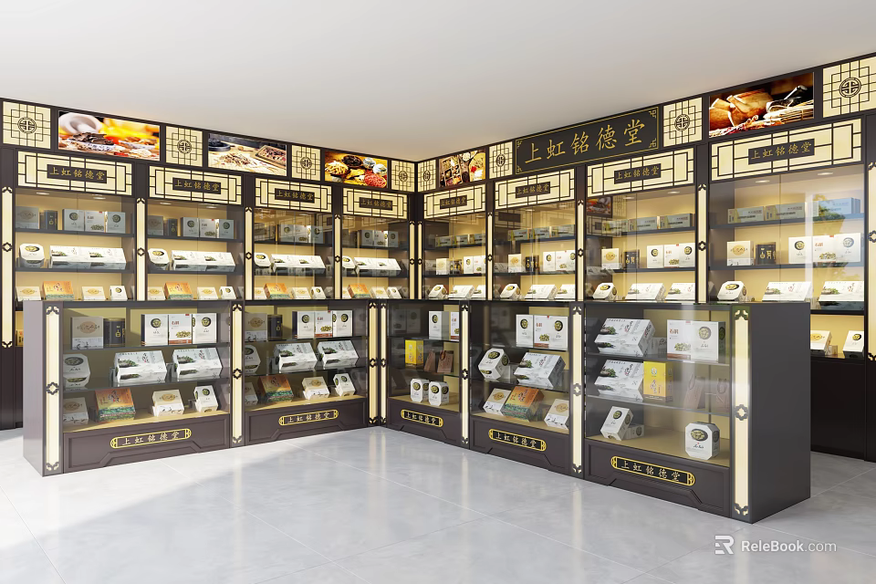 Wooden Display Shelves with Glass Doors for Candy Products in Retail Store 3d model 