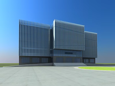 Modern Office Building With Vertical Striped Glass Facade And Open Plaza Front 3d model