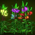Vibrant Colorful Plants with Green Leaves Purple Red Yellow Blue Flowers on Green Background