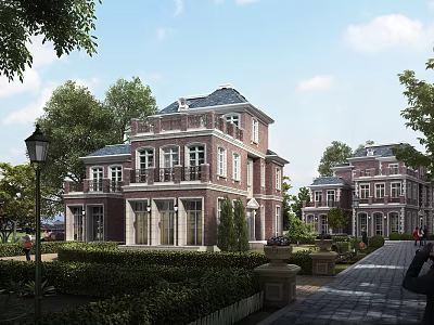 European Style Red Brick Detached Villa With Well Trimmed Shrubs And Stone Pathway 3d model