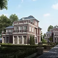 European Style Red Brick Detached Villa With Well Trimmed Shrubs And Stone Pathway