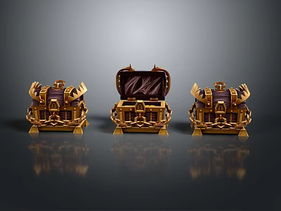Ornate Treasure Chests with Golden Decorations and Chains Middle One Open with Red Lining 3d model