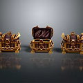 Ornate Treasure Chests with Golden Decorations and Chains Middle One Open with Red Lining