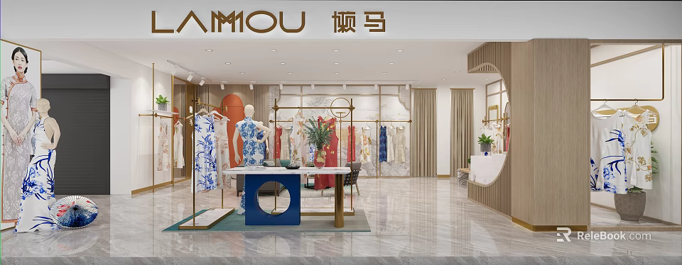 Elegant Modern Clothing Store Interior Design With Fashion Display Racks And Decorative Plants 3d model 