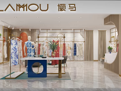 Elegant Modern Clothing Store Interior Design With Fashion Display Racks And Decorative Plants 3d model