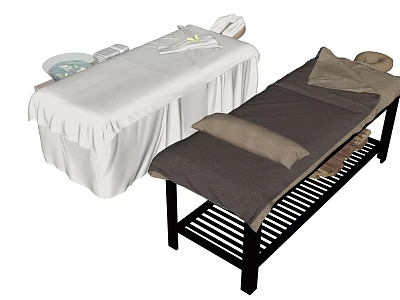 Comfortable Massage Tables with White Sheets Tray Bowl Dark Surface Brown Pillows and Black Frame 3d model