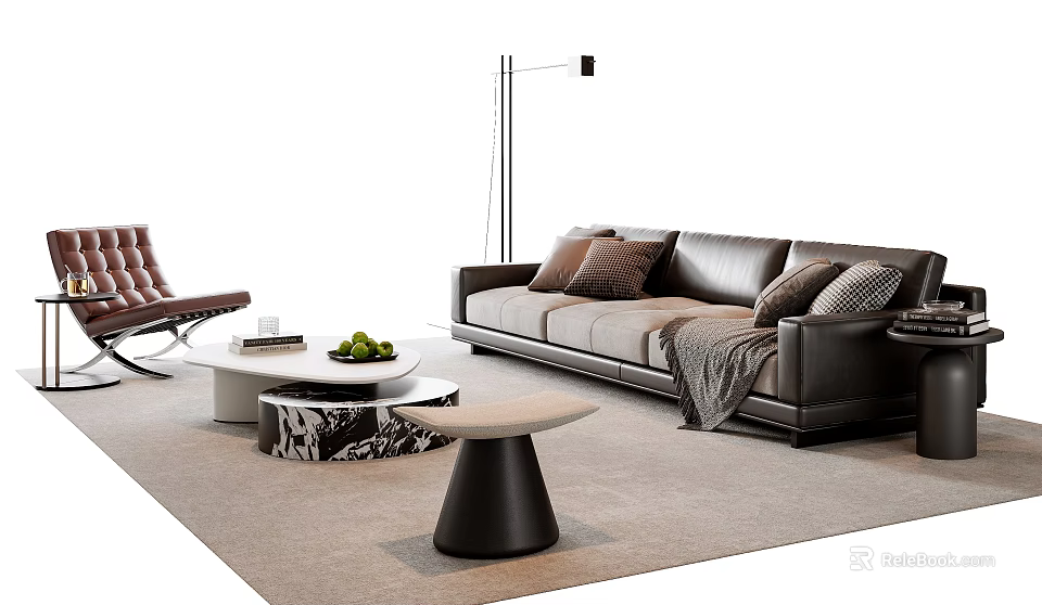 Modern Black Leather Sofa And Coffee Table Set With Pillows Throw Blanket And Floor Lamp 3d model 