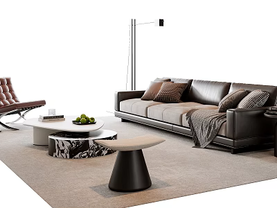 Modern Black Leather Sofa And Coffee Table Set With Pillows Throw Blanket And Floor Lamp 3d model