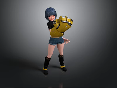 Anime Style Character With Blue Short Hair Black Top Denim Shorts And Yellow Mechanical Glove 3d model