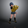 Anime Style Character With Blue Short Hair Black Top Denim Shorts And Yellow Mechanical Glove