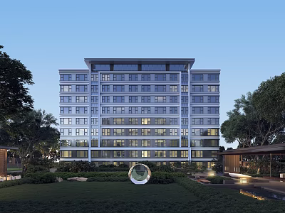 Modern Mid Rise Residential Building With Large Windows Green Lawn And Sculpture 3d model