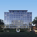 Modern Mid Rise Residential Building With Large Windows Green Lawn And Sculpture