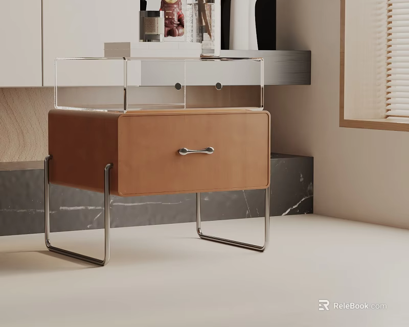 Modern Leather Side Table With Metal Legs And Clear Glass Top Drawer Storage 3d model 
