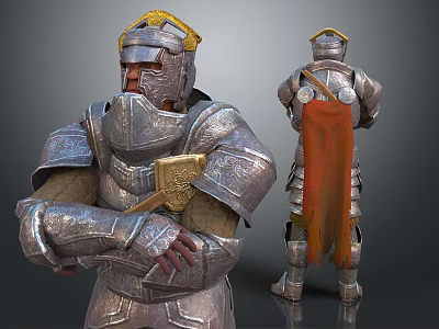 Armored Warrior Character in Silver Armor with Golden Accents Red Cape Front and Back View Designs 3d model