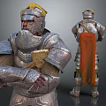 Armored Warrior Character in Silver Armor with Golden Accents Red Cape Front and Back View Designs