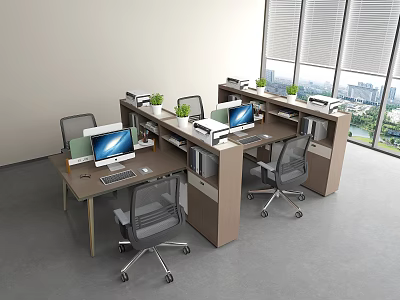 Modern Office Desk Workstations With Ergonomic Chairs Computer Monitors Green Plants And Window City View 3d model
