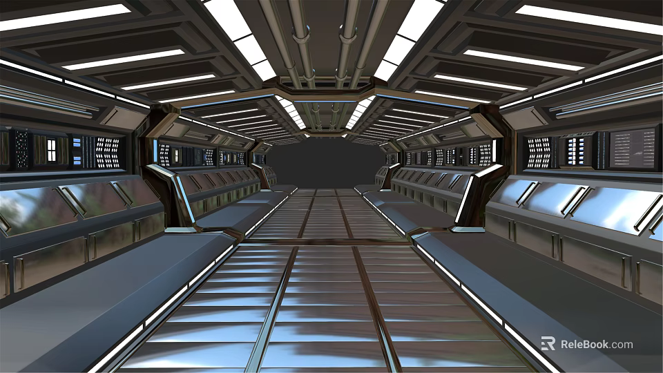 Futuristic Elevator Aisle With Metallic Floor Side Panels And Overhead Lighting 3d model 