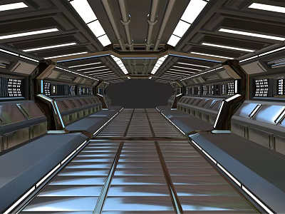 Futuristic Elevator Aisle With Metallic Floor Side Panels And Overhead Lighting 3d model