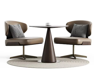 Modern Round Table With Brown Chairs And Plaid Cushions On Round Rug 3d model