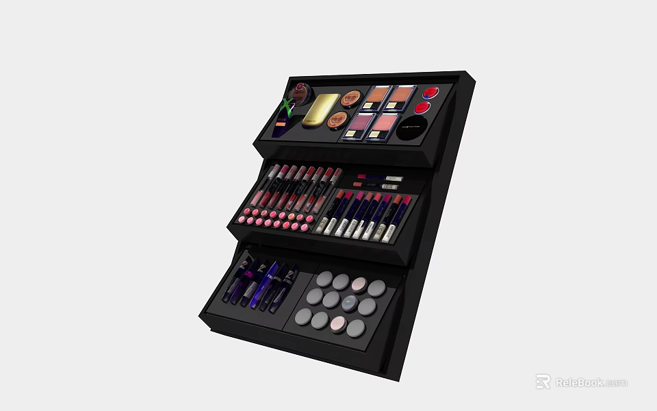 Multi Layer Cosmetics Display Stand With Lipsticks Eyeshadow Palettes And Powder Compacts 3d model 