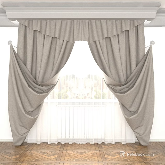 Elegant Gray Pleated Curtains With Double Layer Sheer For Modern Windows 3d model 