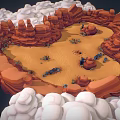 Desert Canyon Natural Landscape With Red Rock Formations Sand Dunes And Scattered Plants