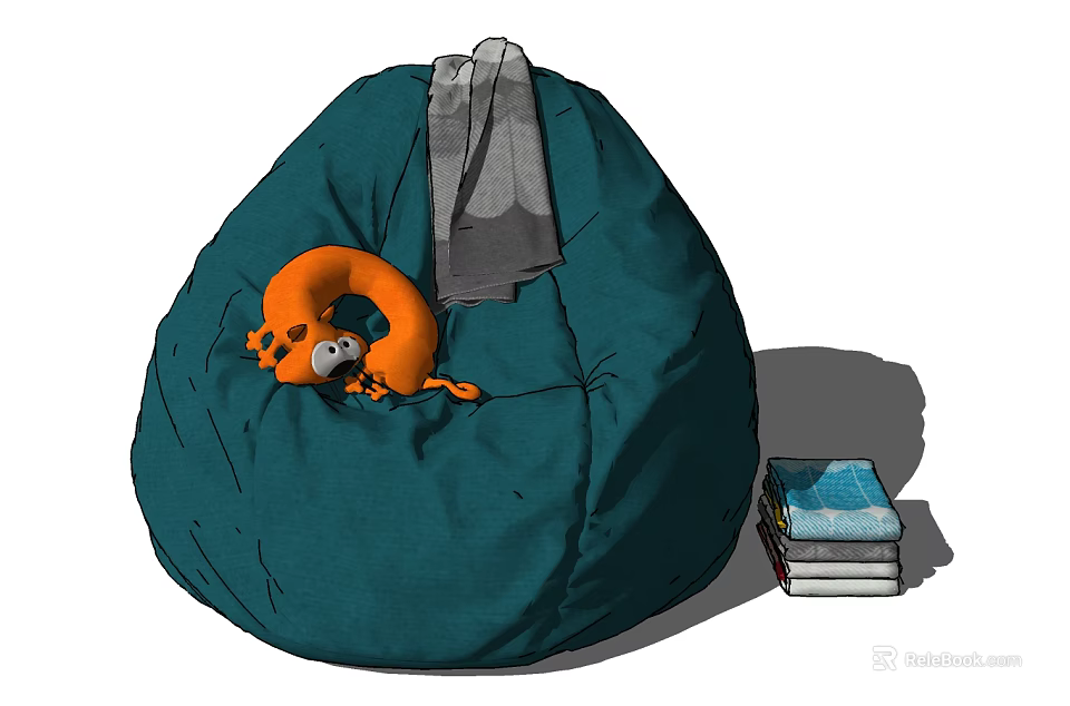 Green Bean Bag Chair with Orange Plush Toy and Gray Blanket and Books Stacked Beside 3d model 