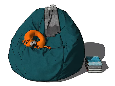 Green Bean Bag Chair with Orange Plush Toy and Gray Blanket and Books Stacked Beside 3d model