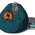 Green Bean Bag Chair with Orange Plush Toy and Gray Blanket and Books Stacked Beside