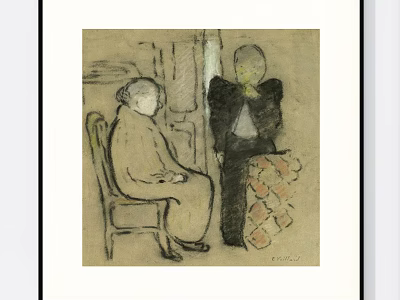 Figure Drawing of Seated Elderly Woman and Standing Person with Chair and Patterned Object 3d model
