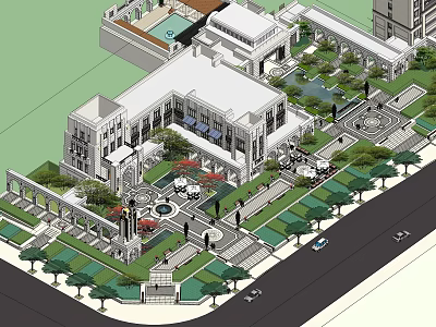Classical Sales Office Building With Landscaped Garden Fountain Plaza And Greenery 3d model