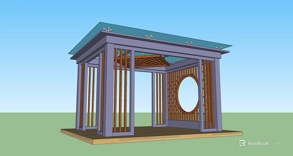 Traditional Chinese Pavilion With Purple Pillars Wooden Lattice And Glass Roof 3d model 