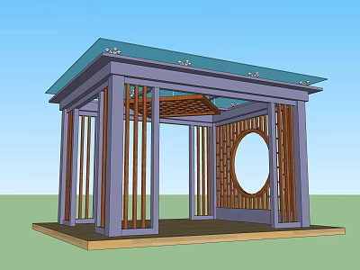 Traditional Chinese Pavilion With Purple Pillars Wooden Lattice And Glass Roof 3d model