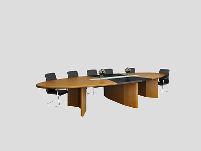 Spacious Rectangular Wooden Conference Table With Black Chairs And Vase On Top 3d model
