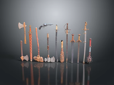 Collection of Various Antique Weapons Including Axes Gun Swords and Daggers 3d model