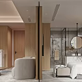 Modern Hotel Guest Room with Textured Wall King Bed Large Windows Marble Dresser Patterned Carpet
