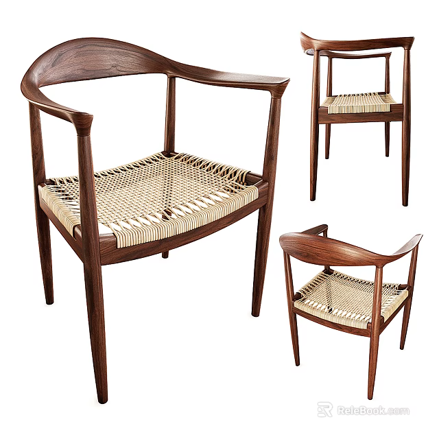 Modern Dining Chair With Walnut Wood Frame Woven Rattan Seat And Curved Armrest 3d model 