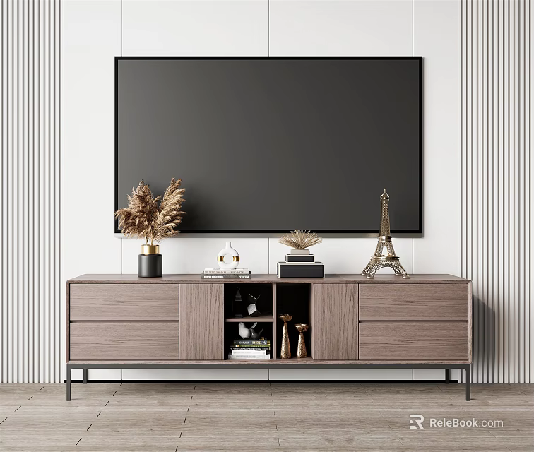 Modern Wooden TV Stand With Dried Plants Eiffel Tower Model And Books On Striped Wall 3d model 