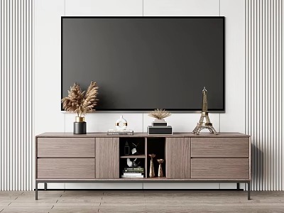 Modern Wooden TV Stand With Dried Plants Eiffel Tower Model And Books On Striped Wall 3d model